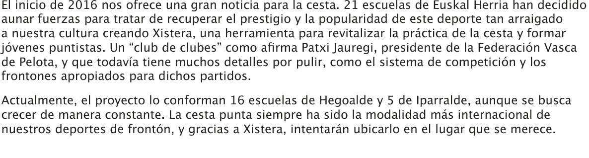 El inicio de 2016 nos ofrece una gran noticia para la cesta. 21 escuelas de Euskal Herria han decidido aunar fuerzas ...