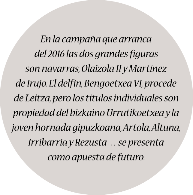 En la campaña que arranca del 2016 las dos grandes figuras son navarras, Olaizola II y Martínez de Irujo. El delfín, ...