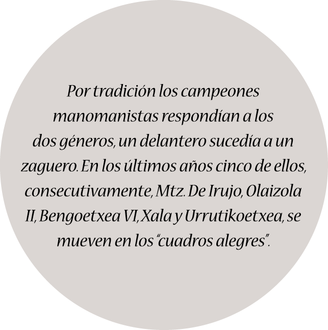 Por tradición los campeones manomanistas respondían a los dos géneros, un delantero sucedía a un zaguero. En los últi...