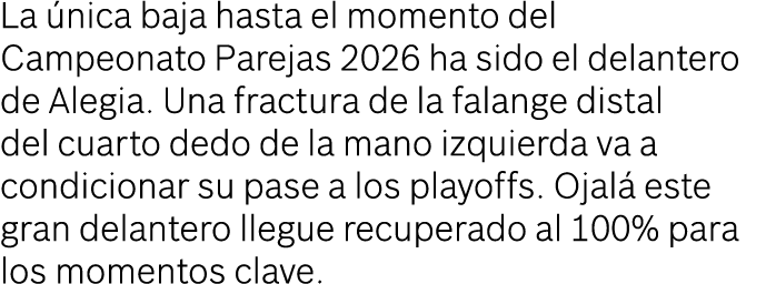 La nica baja hasta el momento del Campeonato Parejas 2026 ha sido el delantero de Alegia. Una fractura de la falange...