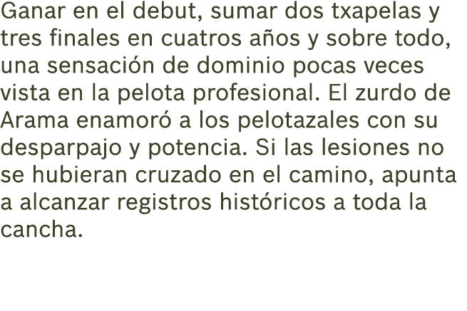 Ganar en el debut, sumar dos txapelas y tres finales en cuatros a os y sobre todo, una sensaci n de dominio pocas vec...
